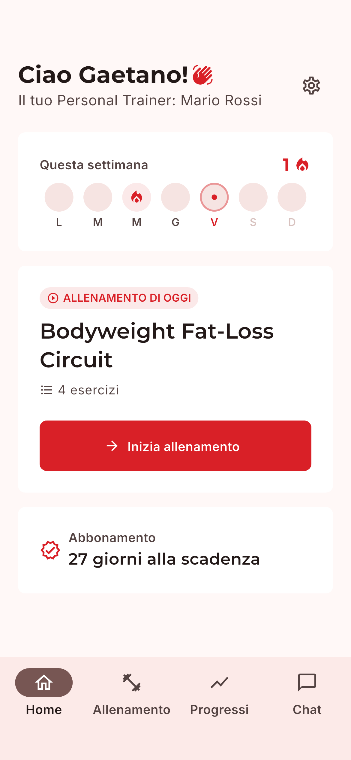 Home dell'app MioTrainer lato cliente con la scheda del giorno e lo stato dell'abbonamento