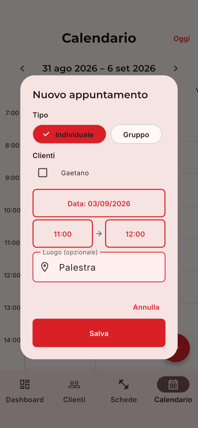 Creazione di un nuovo appuntamento nell'app MioTrainer per personal trainer, con tipo, cliente, data e orario