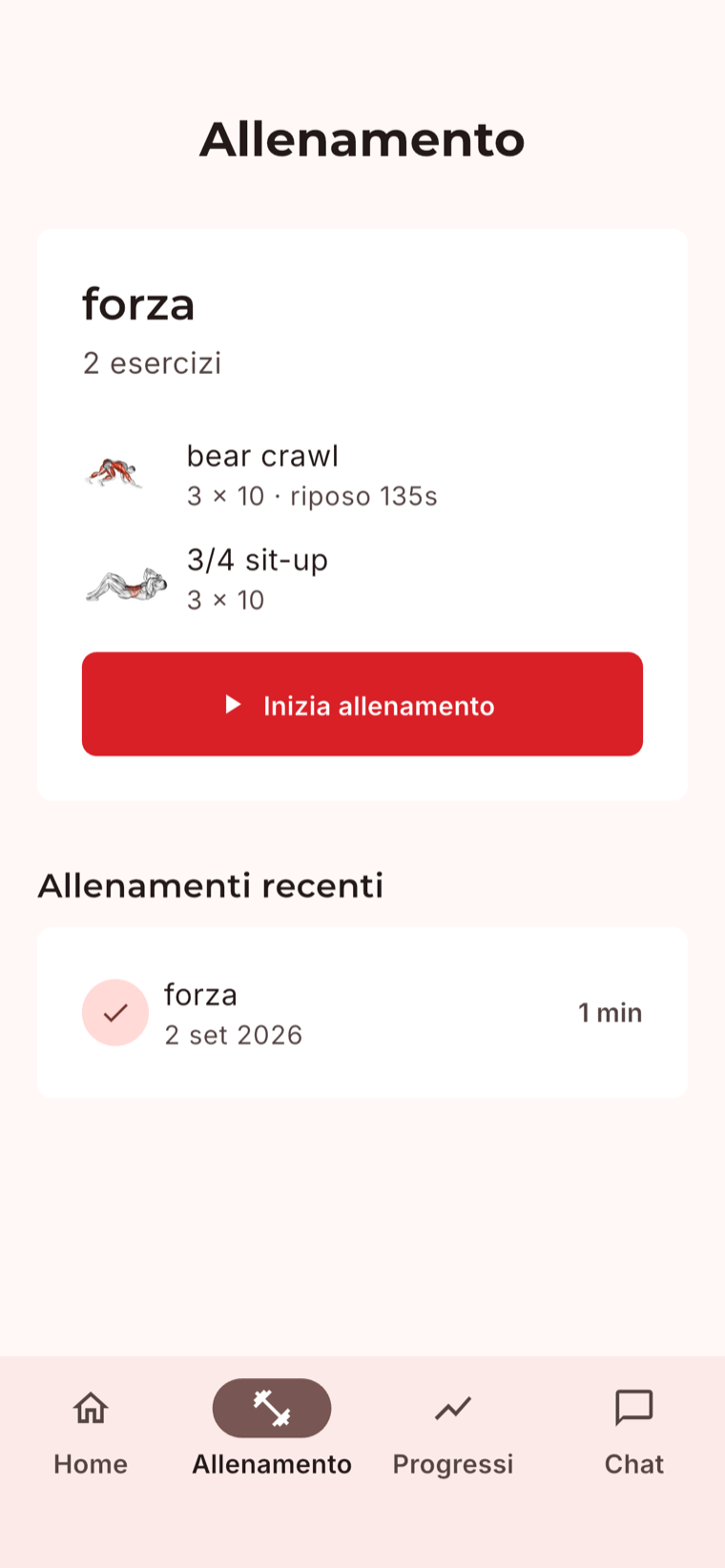 Schermata Allenamento dell'app MioTrainer lato cliente con la scheda del giorno e il pulsante Inizia allenamento